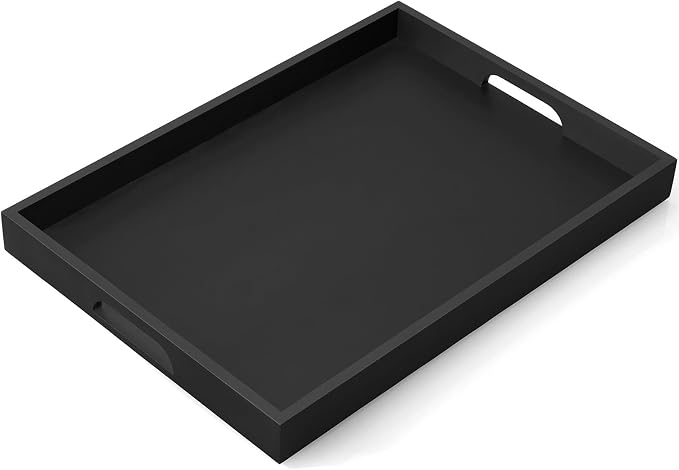 17 Inch Wood Serving Tray with Handles - Large Wooden Tray for Ottoman, Breakfast in Bed, Dinner, Coffee Table - Black Rectangular Tray for Living Room Bedroom Entryway and Kitchen