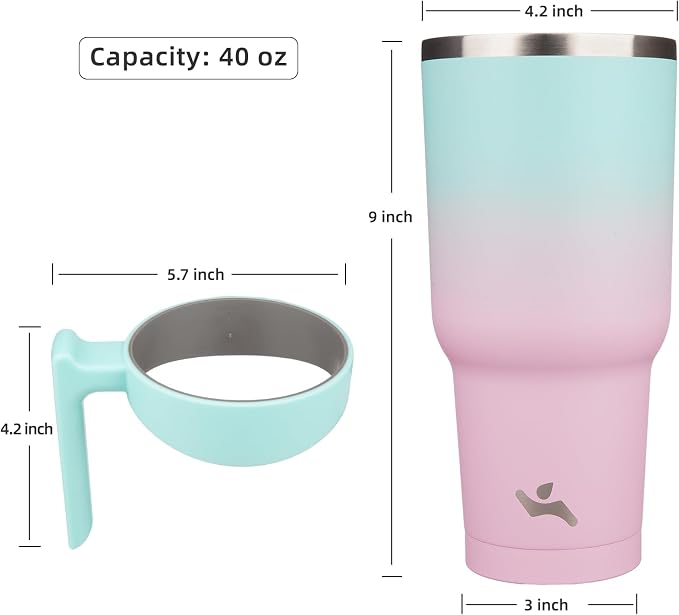 Konokyo 40 oz Tumbler with Handle and Straw, Insulated Travel Mug | Gum; BPA-free, leak-proof tumbler with 2 lids, 2 straws, cup holder fit for coffee, office, travel & daily use