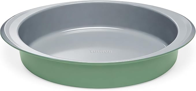 9 Inch Nonstick Ceramic Round Cake Pan with Handle, Pistachio Green | PFOA/PFAS/PTFE-free aluminized steel, ceramic coated. Oven safe 550°F, dishwasher safe. For cakes, cheesecakes & brownies
