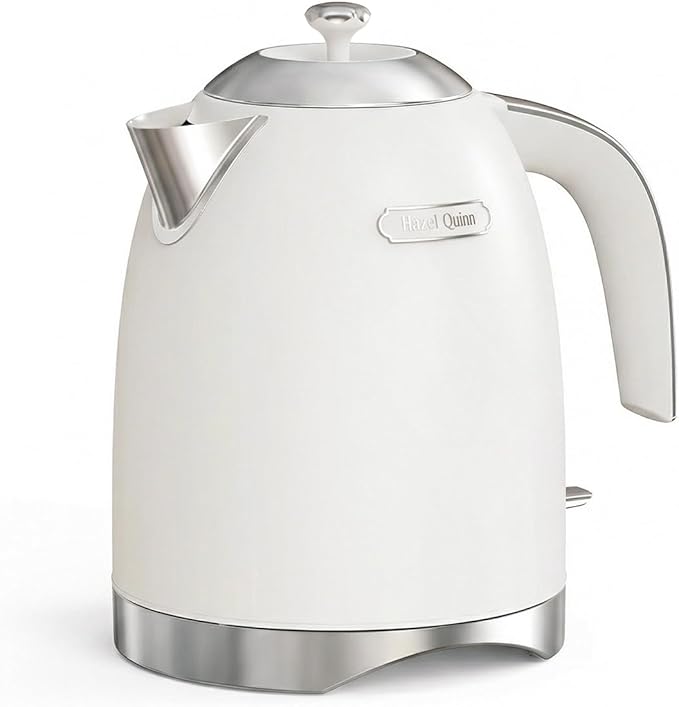 Hazel Quinn Electric Water Kettle 1.7 Liters(57oz),Stainless Steel, White | BPA-Free Interior, 1200W Fast Boiling, Cordless, Automatic Shut Off,ideal for families, couples, home, office and daily use