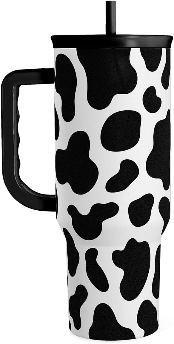 SANDJEST Cow Tumbler with Handle 40oz, Cow Print Cup Stainless Steel Tumblers Coffee Travel Cups with Slider Lid, Cow Gifts for Women Birthday Christmas Mothers Day