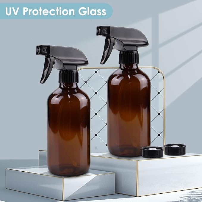 Bontip Glass Spray Bottle 16 oz for Cleaning, Plants (2 Pack, Amber) | Refillable amber spray bottle Set, BPA-free eco glass, With labels and funnel, Great for cleaners, plant misting, hair care
