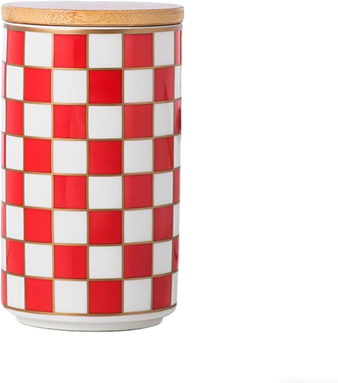 Kitchen Countertop Ceramic Checkered Canisters,Black And White Food Storage Containers With Lid,Airtight Kitchen Canisters for Flour, Sugar, Coffee, Tea, and Dry Goods (Red, Large)