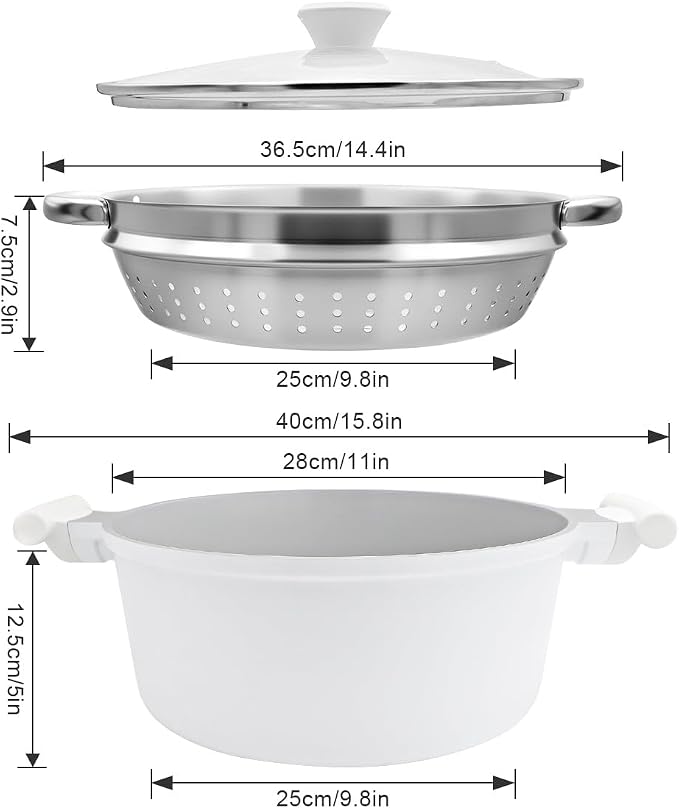 AIKENBBKK 7-Quart Steamer Pot for Cooking, Ceramic Nonstick Stock Pot with Lid, Pasta Pot for All Stoves Including Induction, Lightweight & Durable, Stay-Cool Handle, White