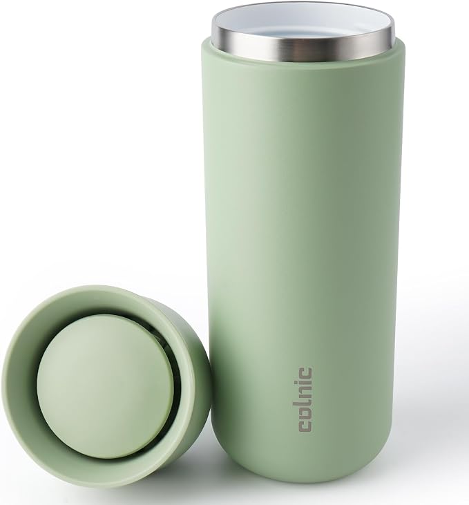 Ceramic Lined Travel Coffee Mug 360° Lid, 16 oz Insulated Coffee Tumbler | Leak Proof, Fits Cupholder, Stainless Steel Vacuum, Keep Hot and Cold, Women Gifts Cup, 360° Sip PUSH-BUTTON, Sage Green