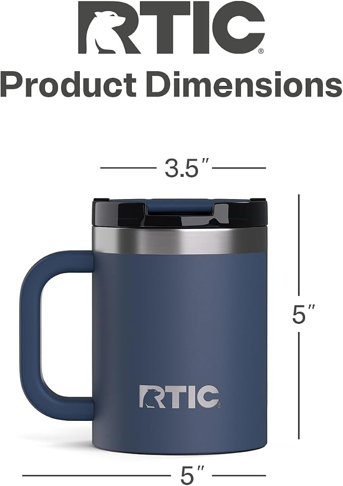 RTIC 12oz Essential Mug with Lid and Handle, Ceramic Lined, Navy | Stainless Steel Metal, Insulated Travel Cup for Hot and Cold Drinks, Coffee, Car, Camping and Travel