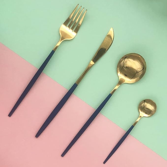 Gold Silverware Set, 24-Piece Stainless Steel Flatware Set Service For 6, Mirror Polished Blue Handle Tableware Cutlery Set Knife Fork And Spoon For Home & Restaurant, Dishwasher Safe