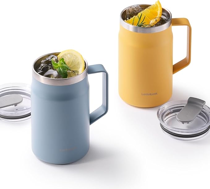 LocknLock Metro Mug Premium 18/8 Stainless Steel Double Wall Insulated with Handle Perfect for table with Lid, Yellow, 20 oz