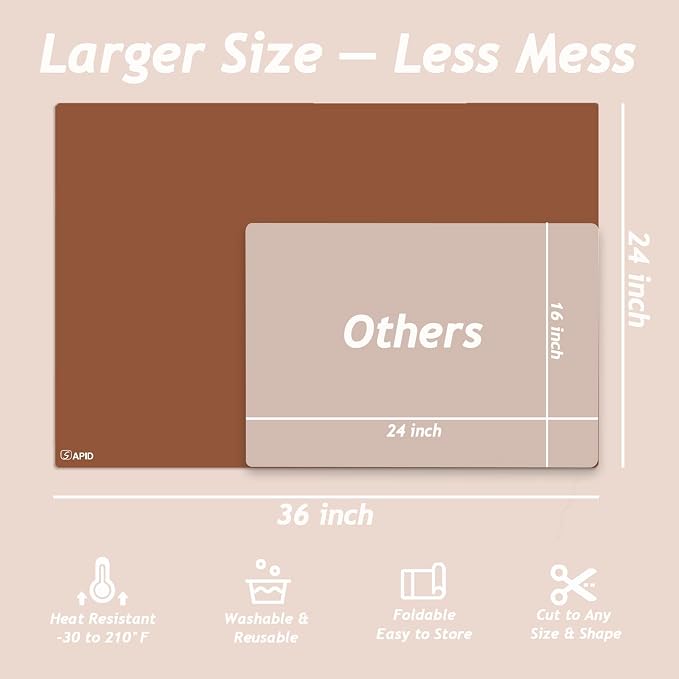 Extra Large Silicone Mat 36" x 24" Heat Resistant Kitchen Counter Table Mat | Place Mats Countertop Protector, Thick Placemats Washable Silicone Mats for Kitchen Counter Dining Table Mat, Brown, SAPID