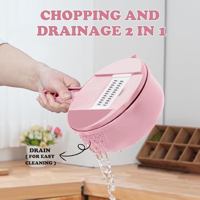 Mandoline Vegetable Slicer Set with 6 Interchangeable Blades, Grater and Peeler, Pink and Blue (Pink)