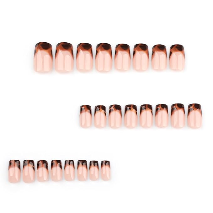 24Pcs Brown French Tip Press on Nails Short Square Fake Nails WLGDLH False Nails Press ons Nail Kit with Leopard Print Design Glossy Glue on Nails Full Cover Nude Stick on Nail for Women Manicure