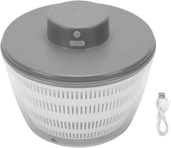Fockety Salad Spinner, USB Rechargeable Vegetables Washer Dryer Fruit Washing Bowl Automatic Compact Manual Vegetable Dryer for Washing, Spinning, and Draining (Gray)