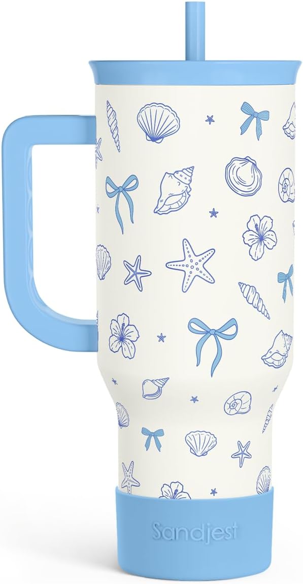 SANDJEST Coastal 40oz Tumbler with Handle and Straw, Insulated Stainless Steel Travel Coffee Mug for Women Girls, Gift Idea for Birthday Christmas Mothers Day