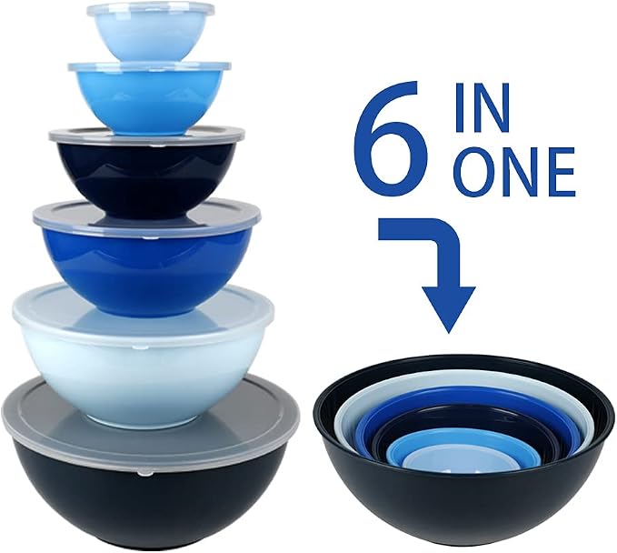 BoxedHome BPA Free Plastic Round Mixing Bowl with Lids, 12 Pack Nesting Bowls with Lids Set, Microwave and Dishwasher Safe Prep & Serving Bowls Great for Mixing, Baking, Serving (Blue, 12pcs)