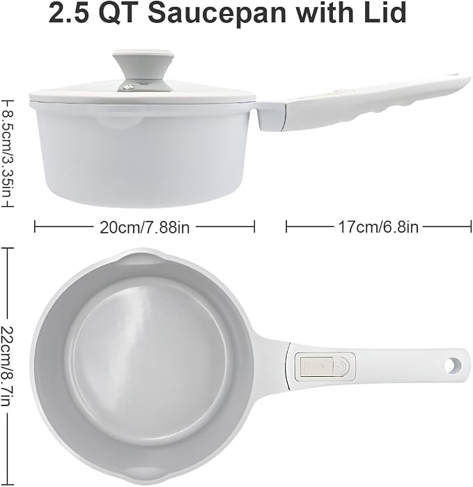 AIKENBBKK Nonstick Sauce Pan with Lid, 2.5 Qt Ceramic Saucepan with Lid, Non Stick Sauce Pan, Milk Pot&Sauce Pot&Saucepan with Pour Spout, Detachable Handle Milk Pan, Induction Compatible, White