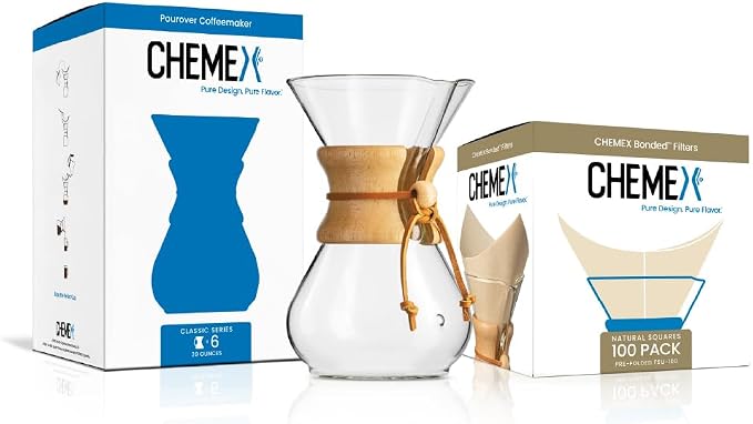 CHEMEX Bundle - 6-Cup Classic Series - 100 ct Square Filters - Exclusive Packaging | Manual Drip Brewer with Square Bonded Filters, Borosilicate Glass, Coffee Gift Set