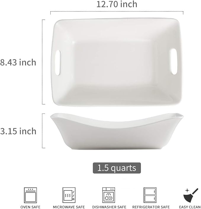 YHOSSEUN Large Serving Bowls with Handles, Serving Dishes For Entertaining | White Serving Dishes, 1.5 Quarts Ceramic Bowl Set Rectangle Serving Platter for Thanksgiving, Set of 2