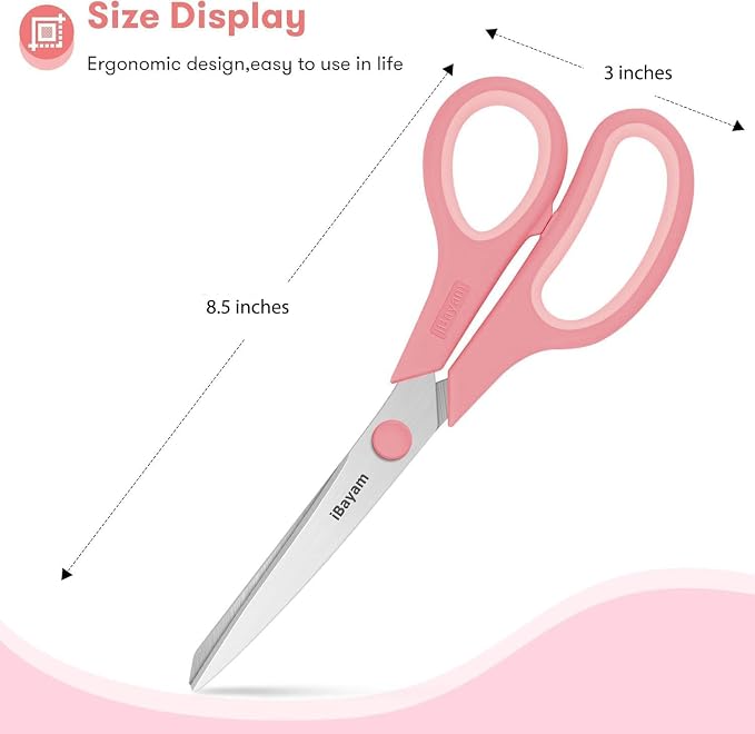 iBayam 8.5" Pastel Scissors All Purpose Heavy Duty 3Pack, 2.5mm Sharp Blade | Soft Comfort-grip | Left/Right Handed | Cuts cardboard, fabric, vinyl & leather | office, classroom, school & craft desk