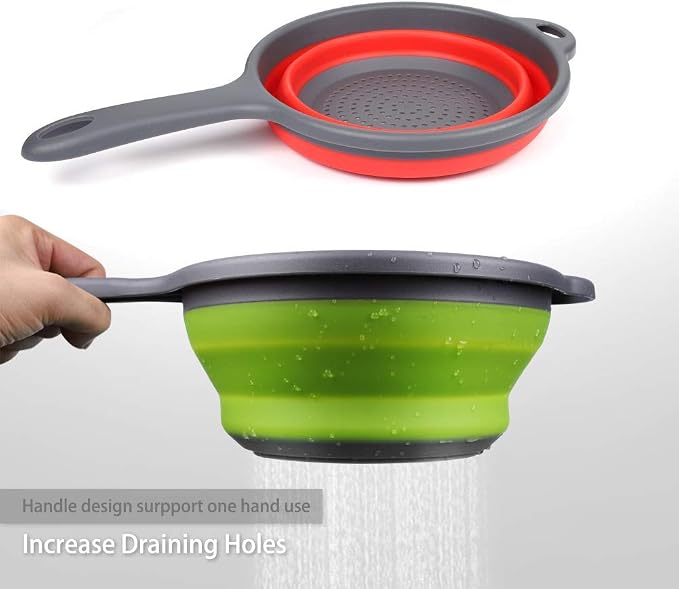 Foldable Silicone Strainer Colanders with Handles, Green and Red, 2 Pack | Collapsible Colanders, Space-Saver Folding Strainer, for Draining Pasta, Vegetable