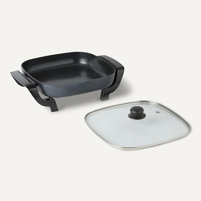 Amazon Basics Electric Skillet and Frying Pan with Glass Lid, Nonstick Ceramic Coating, Adjustable Temperature Control, 15.6 x 12.1 x 6.9 inch, Black
