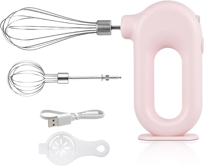 4 Speed Electric Hand Mixer, Mini 4 Speed Adjustable Cordless USB Rechargeable Electric Whisk Hand Mixer Portable Handheld Mixer 1500mAh Egg Beater (Pink)