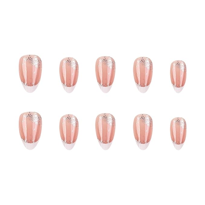 White French Tip Press On Nails Short Almond Fake Nails Silver Glitter Acrylic Nail Tips Reusable Full Cover Glue on Nails White Ombre False Nails Shiny French Manicure for Women Girls 30Pcs