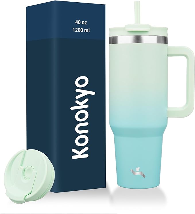 Konokyo 40 oz Insulated Tumbler Water Bottle with Handle, Straw Lid | BPA-free and dishwasher safe; made for gym, travel, coffee and gifting, 2 straws, cup holder friendly,Mint