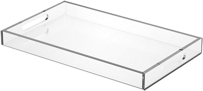 NIUBEE Acrylic Serving Tray 12x20 Inches -Spill Proof- Clear Decorative Tray Organiser for Ottoman Coffee Table Countertop with Handles | Spill-Proof tray for Coffee Table, Ottoman | Decorative Tray for Breakfast in Bed, Drink Serving & Home Organization