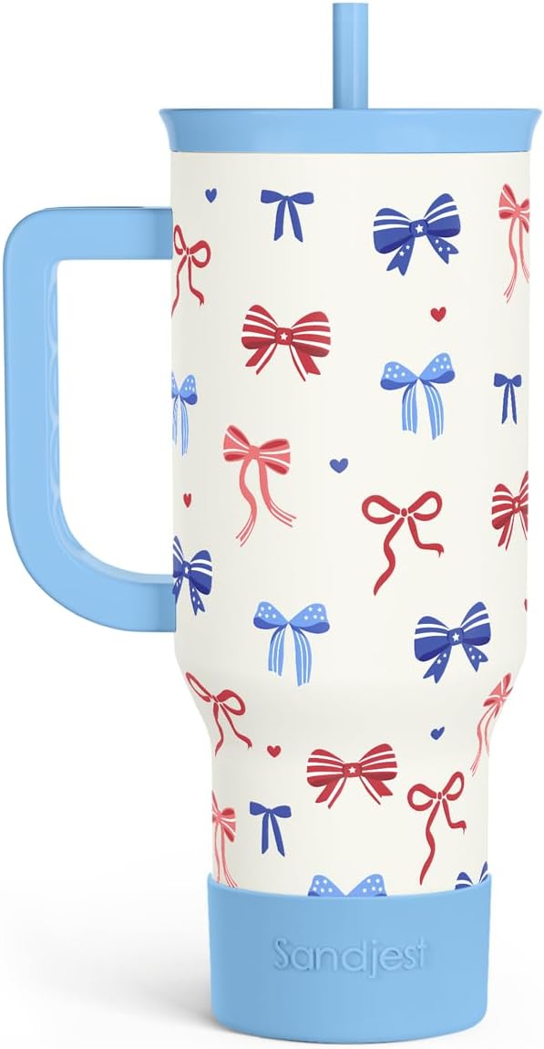 SANDJEST American Flag 40oz Tumbler with Handle and Straw, Insulated Stainless Steel Travel Coffee Mug for Women Girls, Gift Idea for Birthday Christmas 4th of July (Bow)