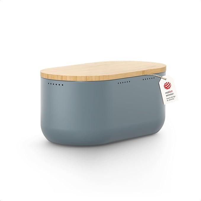 LARS NYSØM Bread Box I Metal bread box for long lasting freshness with non-slip pads I Baked goods Bin with bamboo lid usable as cutting board I 13.6x7.3x6.2in (Stone Blue)