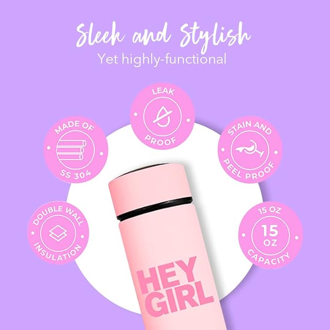 Hey Girl Tea Infuser Bottle 450ml - Insulated Stainless Steel Water Bottle - Tea Tumbler with Tea Diffuser - Portable Travel Mug for Loose Leaf Tea & Infused Water - Tea Lovers Gifts for Women