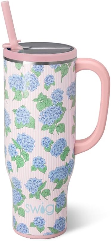 Swig Life 30oz Insulated Mega Mug with Handle & Straw, Hydrangeas | Triple Insulated Stainless Steel - Handle & Straw Included - Extra Large Capacity - Cup Holder Friendly