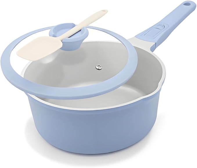 AIKENBBKK Small Sauce Pan with Lid, 1.5 Qt Ceramic Saucepan with Lid, Non Stick Sauce Pan, Milk Pot & Sauce Pot & Saucepan with Pour Spout, Detachable Handle Milk Pan, Induction Compatible, Oven Safe
