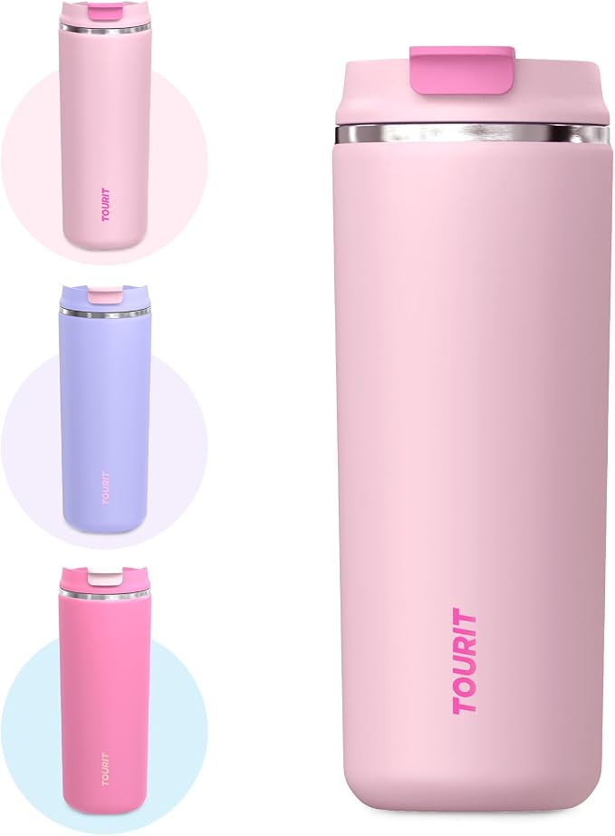 TOURIT 16 oz Insulated Stainless Steel Travel Mug with Lid, Leak-Proof Double-Wall Vacuum Tumbler, Reusable Coffee Cup - Pink