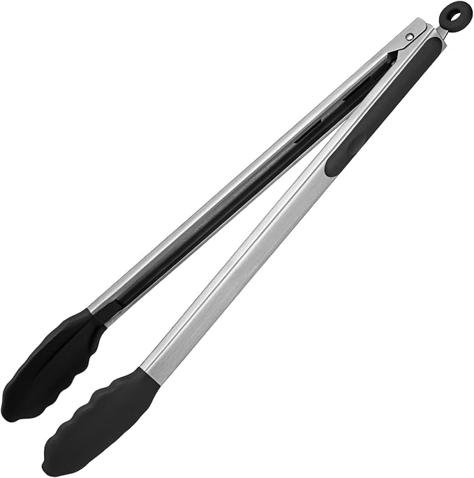 U-Taste Kitchen Tong for Cooking, 600ºF Heat-Resistant Silicone, 16in/Black | Extra Long BBQ Tongs, Large Tong for Grilling/Grabbing, Big Thong with Nonstick Silicone Tps & 18/8 Stainless Steel Handle