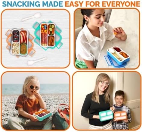 kinsho Snack Container Boxes for Kids Toddlers, 2 Pack Teal Blue & Orange | 3 Compartments, Leak-Proof, Spill Proof, BPA-Free Reusable Small Mini Bento Lunch Box for Daycare School Travel, Holds 2 Cups