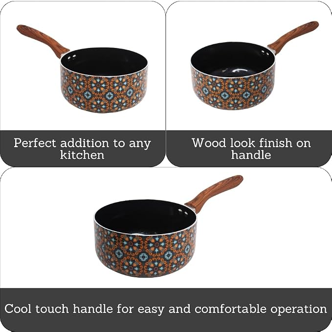 IMUSA 2 Qt Talavera Aluminum Black Ceramic Saucepan with Woodlook Handle | Black Ceramic Nonstick Coating, Woodlook Cool-Touch Handle, Ideal for Mexican Dishes and Sauces, Great for Everyday Meals