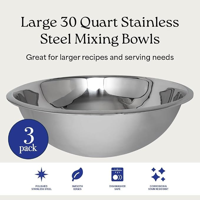 30 Quart Large Stainless Steel Mixing Bowls Set, 3-Pack, Nesting Bowls | Extra Large Commercial Grade Metal Bowls for Meal Prep, Baking, Serving, Food Storage. Rustproof & Dishwasher Safe