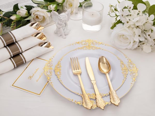 400PCS Gold Wrapped Silverware Disposable Fancy for Parties Weddings | Pre-Rolled and Individually Wrapped, 100 Guests, Durable and Sturdy, BPA free, Includes Matching Napkins, for Elegant Dinners