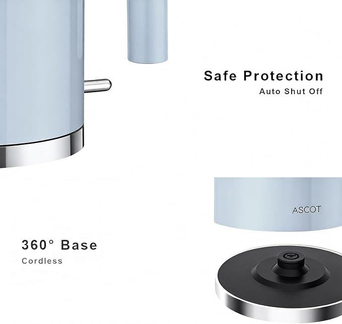 ASCOT Electric Kettle, 1.5L Stainless Steel Interior, Plastic-Free, 1500W Fast Boil, Retro Design, Auto Shut-Off & Boil-Dry Protection, Light Blue