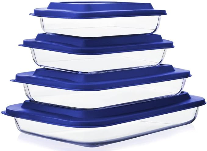 M MCIRCO 8 Piece Deep Glass Baking Dish with Lids, BPA free, Navy Blue | Rectangular Glass Bakeware Set, Baking Pans for Lasagna, Casserole Dishes, Microwave, Oven, Freezer, Dishwasher
