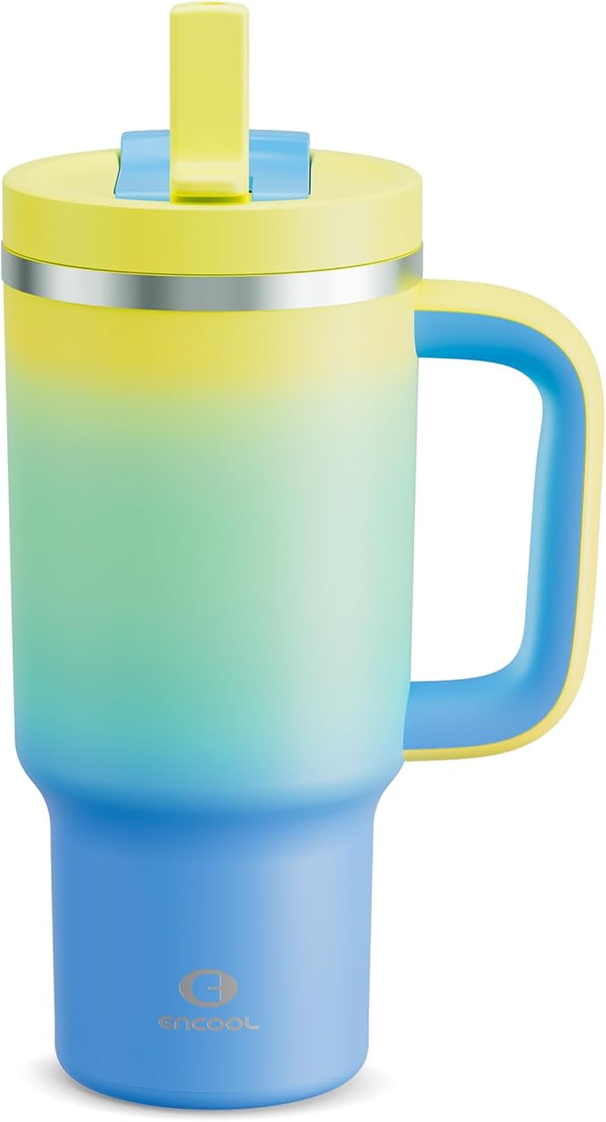 ENCOOL 32 oz Tumbler with Handle and Straw: Stainless Steel Insulated Tumbler Keeps Cold for 24 Hours, Leakproof Travel Cup Fits in Cup Holder and BPA-Free, Soft Lagoon