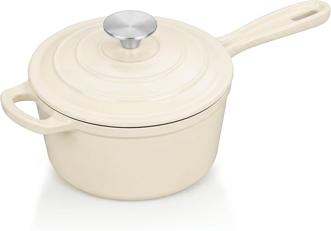 E-far Enameled Cast Iron Sauce Pan with Lid, 1 Quart Dutch Oven Saucepan, Mini Sauce Pot for Cooking, Boiling, Healthy & Non Toxic, Induction & Oven Safe, Cream