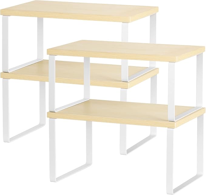 Counter Shelves Set of 4 Stackable Kitchen Cabinet Organizer Shelf and Expandable Wood Countertop Shelves for Bathroom Study Room, White | Expandable Wood Countertop Shelves, for Bathroom, Study Room, Home Office