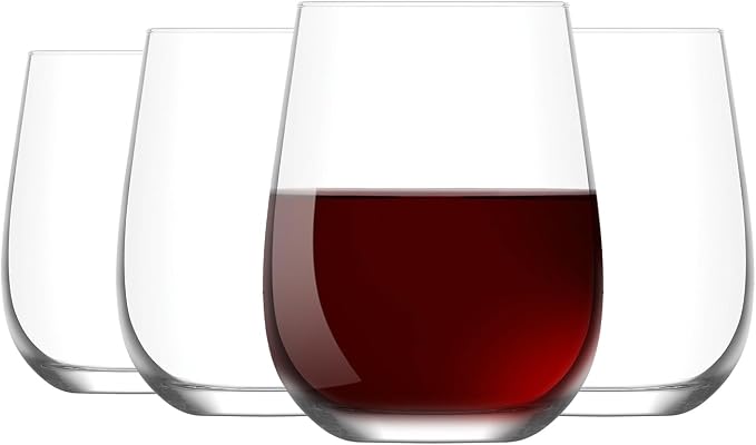LAV Stemless Red & White Wine Glasses Tumbler Set of 4 - Drinking Glassware for Water Champagne Martini Mimosa Prosecco Cocktail Sangria - Short 16 oz No Stem Glasses Dishwasher Safe