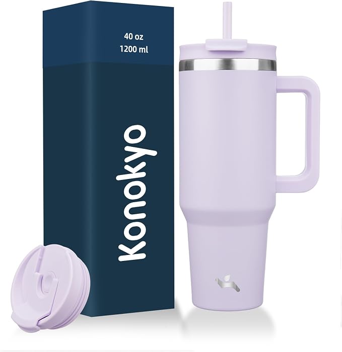 Konokyo 40 oz Insulated Tumbler Water Bottle with Handle, Straw Lid | BPA-free and dishwasher safe; made for gym, travel, coffee and gifting, 2 straws, cup holder friendly,Wisteria