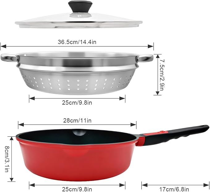 12 Inch Steamer Pan Nonstick, Deep Frying Pan Skillet with Lid, Red | Detachable Handle, Suitable for All Stoves, Including Induction, PTFE & PFAS & PFOA Free, Oven Safe
