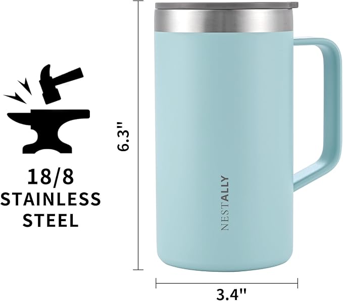 NESTALLY Cozy 20oz Insulated Coffee Mug with Handle & Lid, Mint Green | Stainless Steel Double Wall Vacuum Travel Mug for Hot & Cold Drinks, Reusable Coffee Tumbler, Non-Slip Base, BPA-Free