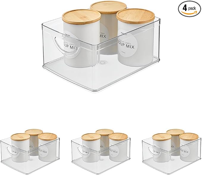 iDesign Plastic Stackable Kitchen Cabinet Storage Bin with Handles - Clear Pantry Organizer Medium (Pack of 4)