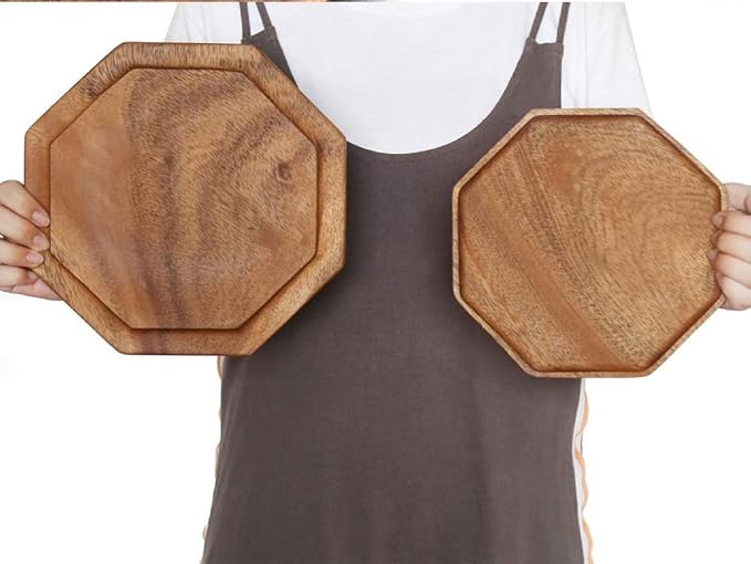 2 Acacia Wooden Trays Serving Platter Cheese Veggie Round Charcuterie Board | 2Pcs Wood Charger Plate Square Decorative Tray for Food Cookie Platter Hosting Christmas Cute Circle Bread Charcuterie Board